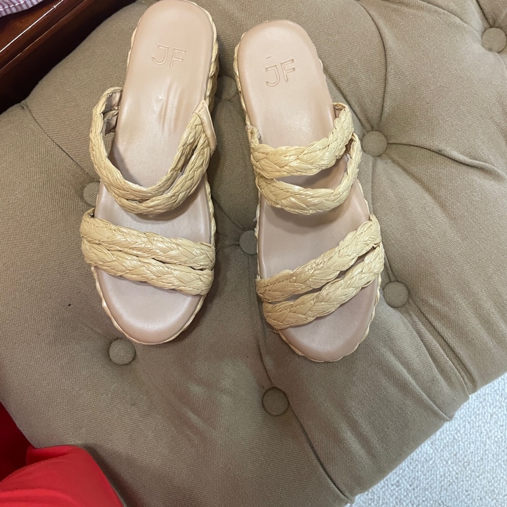 Braided Raffia Platform Slides in Natural Beige